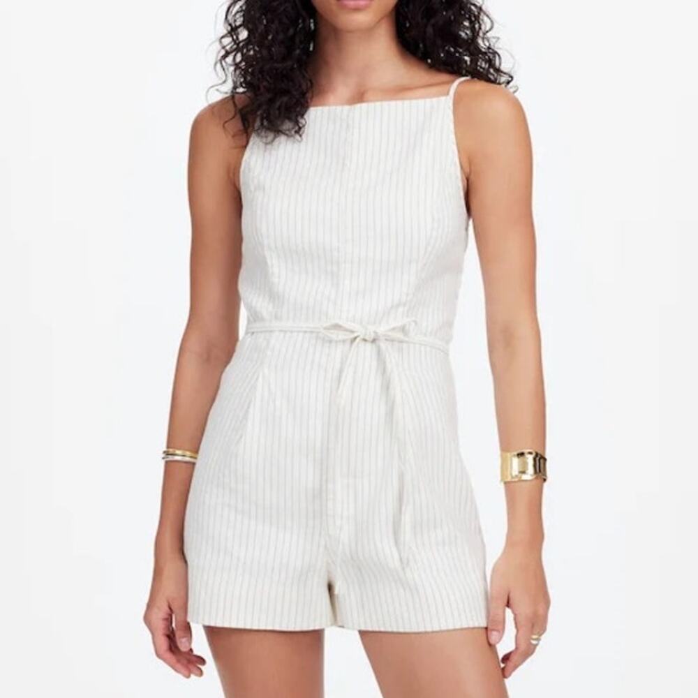 Madewell Sleeveless Square Neck Pleated Romper Ivory Black Stripe Size 2 NWT